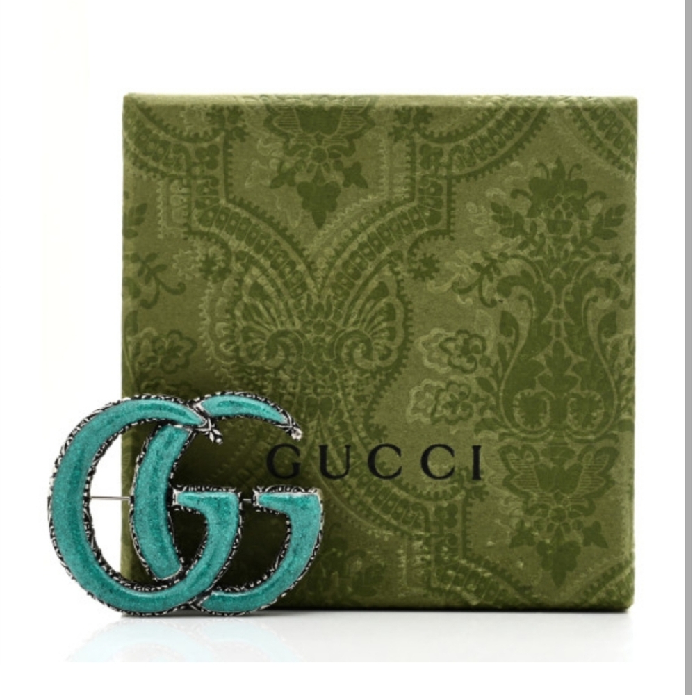 Gucci Sterling Silver Enamel GG Brooch Turquoise